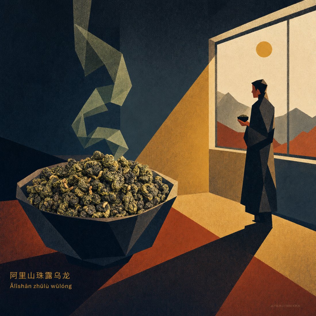 Dark editorial illustration: a faceted figure in a long coat stands at a tall window with mountains beyond, steam rising from a stone bowl of dark pressed tea.